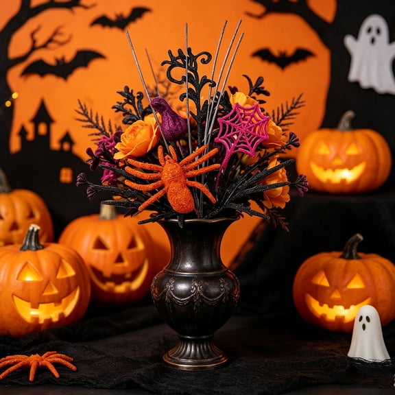 Halloween Spider & Web Floral Pick, Gothic Orange & Pink Spooky Stem with Knitted Spider, Web & Artificial Roses, Vase Insert for Table Centerpieces, Home & Party Decor(G)1PC