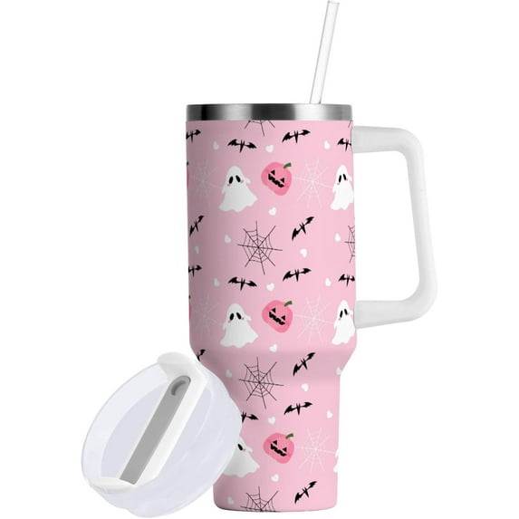 Halloween Spider Web Ghost Bat Insulated Tumblers Reusable Stainless Steel Tumbler 40 oz Cup Coffee Travel Mug Water Bottle with Handle & Flip Straw for Home Office Car
