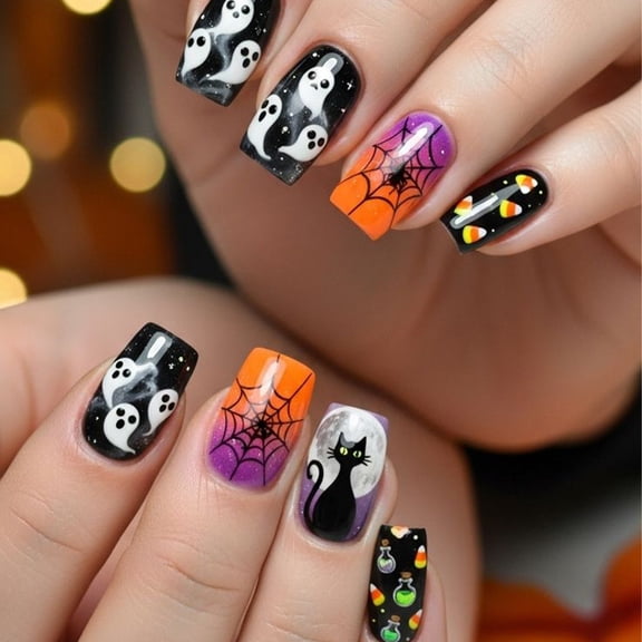 Halloween Spider Web Ghost Cat Print Nails, Medium Round Black Gradient Press-On Set, Flexible Costume Party Wear for Themed Photoshoots and Fun Presents