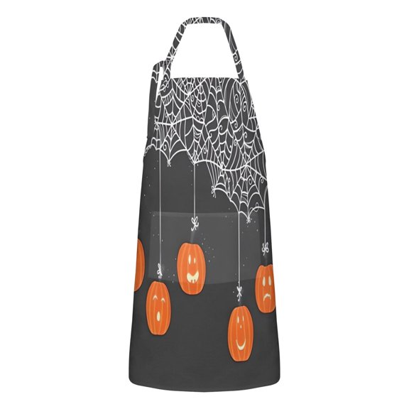 Halloween Spider Web Hanging Pumpkins Apron-Garden Aprons for Women with Pockets-Cotton Linen Waterproof Kitchen Cooking Gardening Aprons Adjustable for Kitchen,Cooking,BBQ and Salon 32"x27"