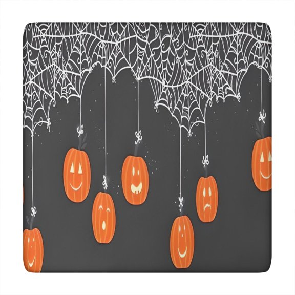 Halloween Spider Web Hanging Pumpkins Square Fitted Tablecloth with Elastic Edge,Square Table Cover,Washable Elastic Table Cover for Home Kitchen Party Decor 34"x34"