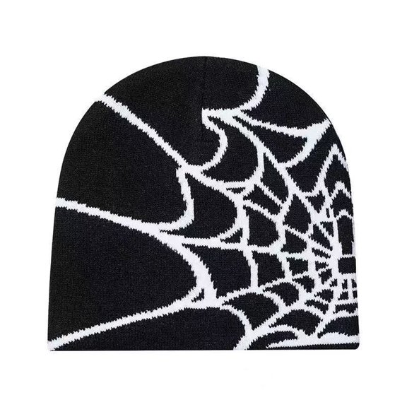 Halloween Spider Web Knit Beanie, Acrylic Warm Skull Cap, Gothic Pattern Winter Hat for Holiday Party Daily Wear
