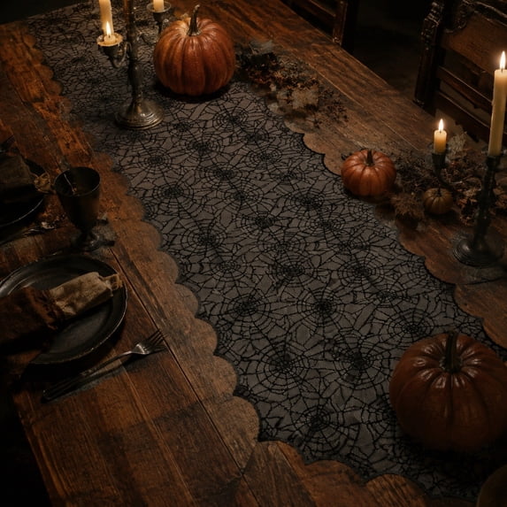 Halloween Spider Web Knitted Lace Table Runner, Spooky Decor for Dining Table Mantel Party Atmosphere Building,L
