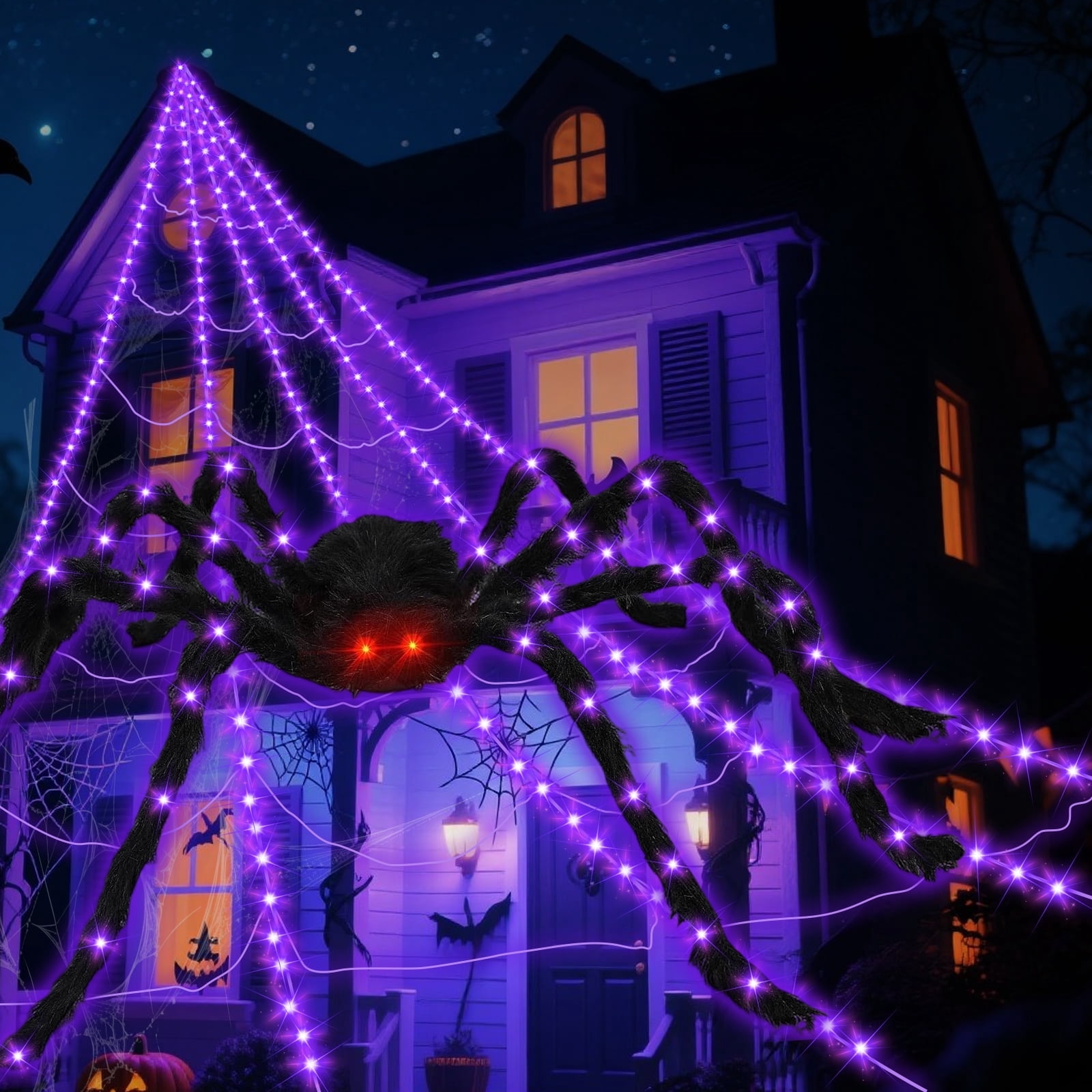 Halloween Outdoor Decoration, 250 LED Halloween Spider Light with 197'' Giant Spiderweb Artificial Spider Halloween Outdoor Decorations with Remote Control for 
