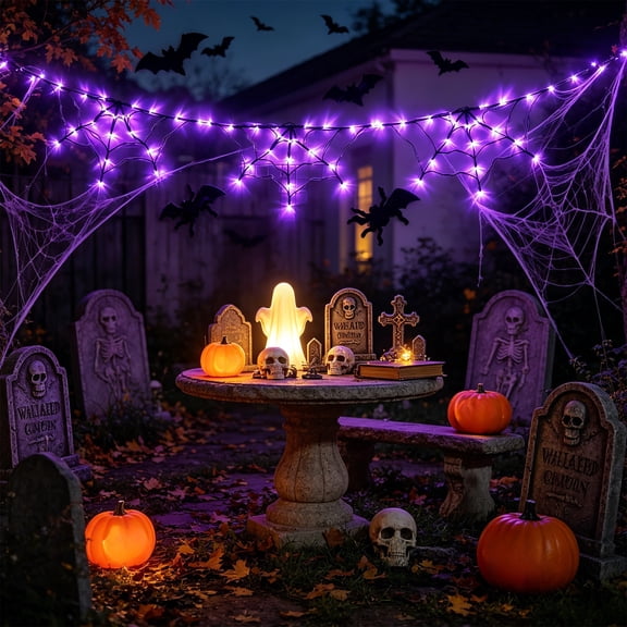 Halloween Spider Web LED String Lights Decorations, Purple Luminous Web Fairy Lights for Ghost Festival Party Decor, Indoor Hanging Wall Ceiling Halloween Decoration, 71"