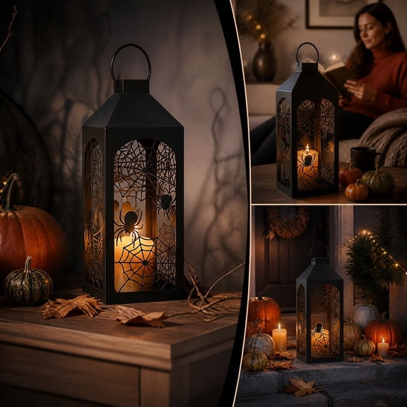 Halloween Spider Web Lantern Decor, Black Metal Candle Holder Lantern for Indoor Outdoor Halloween Party Home Table Decor