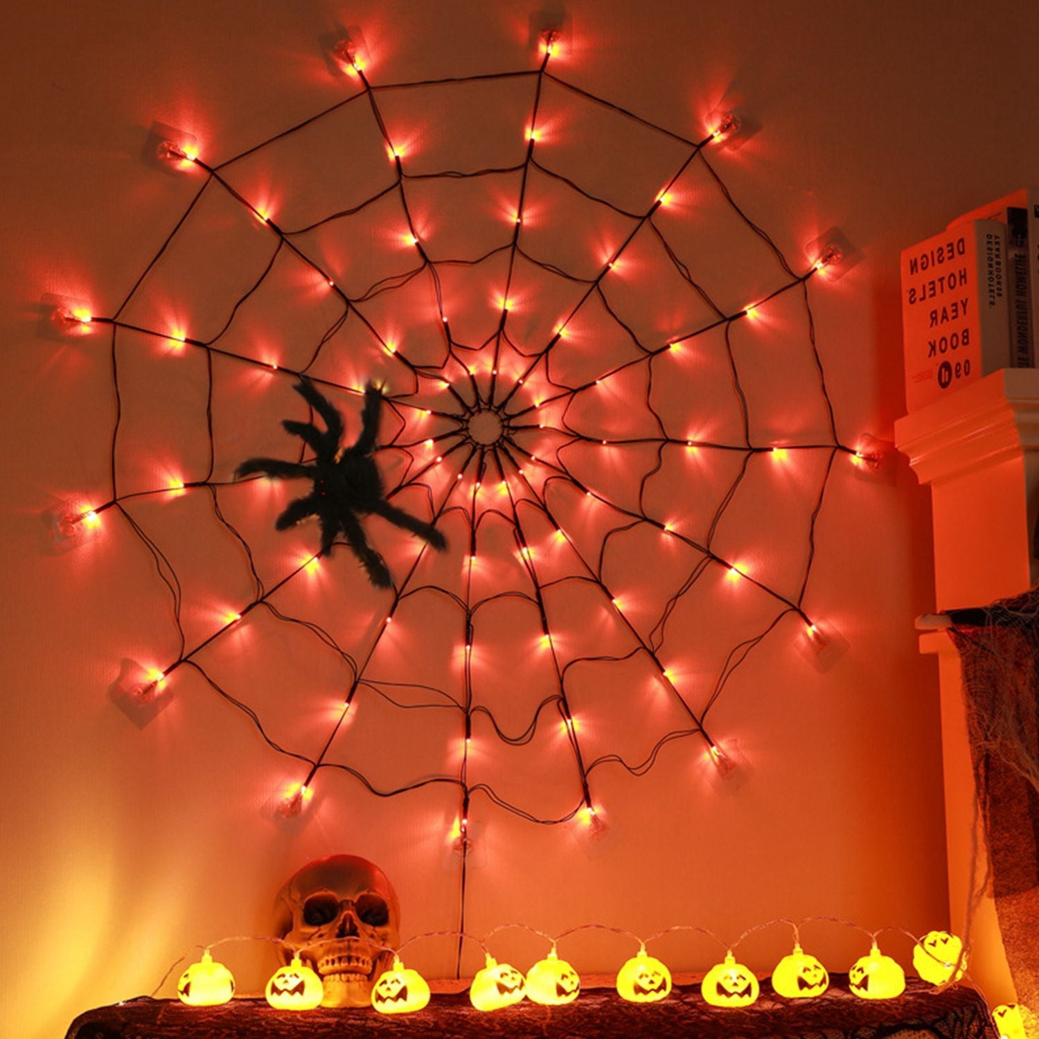 Halloween Spider Web Light 3.28FT with Remote Control 8 Modes 70 LED IP44 for Indoor Outdoor Party Decor