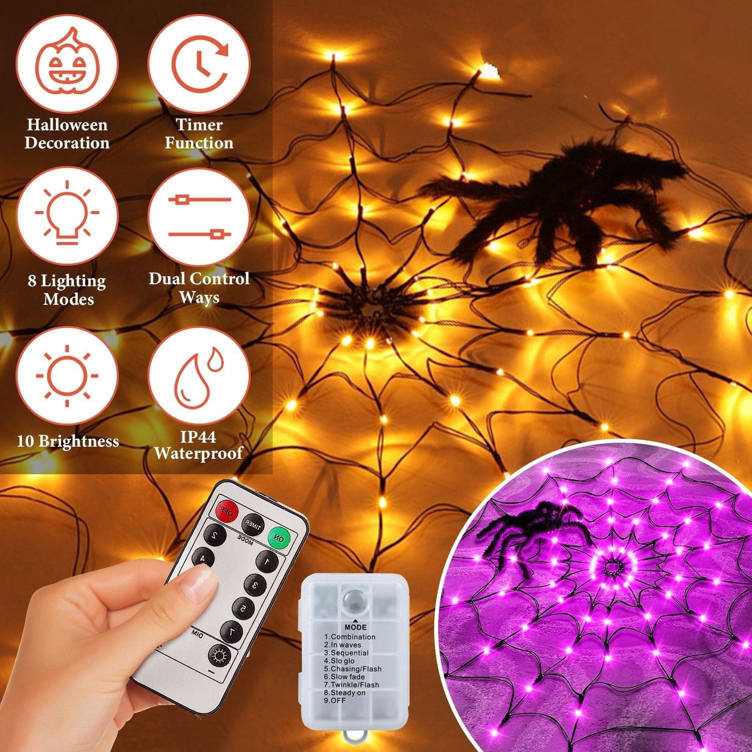 Halloween Spider Web Light, 3.28ft Diameter, 70 LEDs, 8 Modes, 10 Brightness Levels, Battery Powered, IP44 Waterproof with Remote & Timer