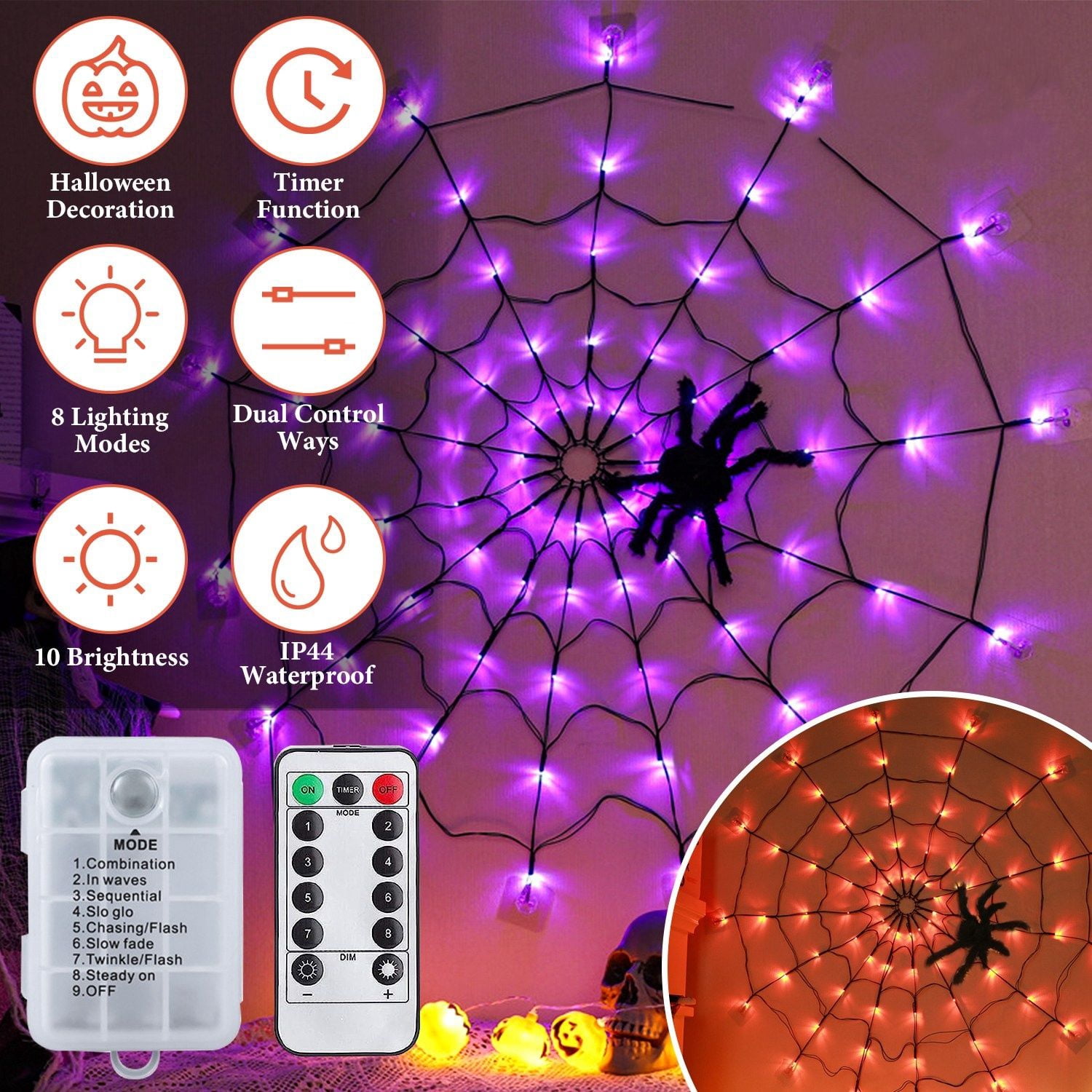 Halloween Spider Web Light, 3.28ft Diameter, 70 LEDs, 8 Modes, 10 Brightness Levels, Battery Powered, IP44 Waterproof with Remote & Timer