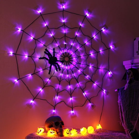Halloween Spider Web Light LED and a 5in Spider, 3.28ft Spider Web Light Decorations 70 LED Lighted, Indoor Outdoor House Yard Garden Scary Halloween Window Light, Battery Operated, Purple