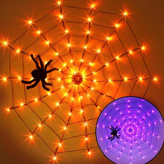 Halloween Spider Web Lights, 4FT LED Decoration With 84 Orange Purple Bulbs, 8 Hooks, Plush Spider