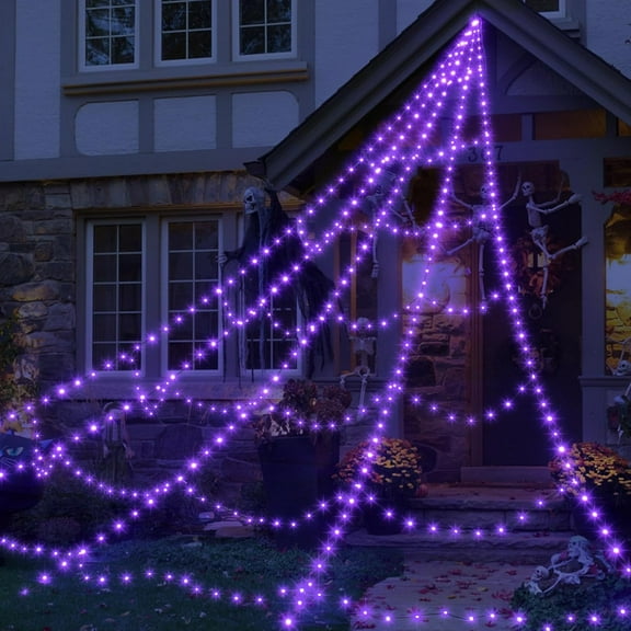 Halloween Spider Web Lights, 8-Function Waterproof Remote Battery Box 250 Purple LEDs 16.4 ft Outdoor Decoration