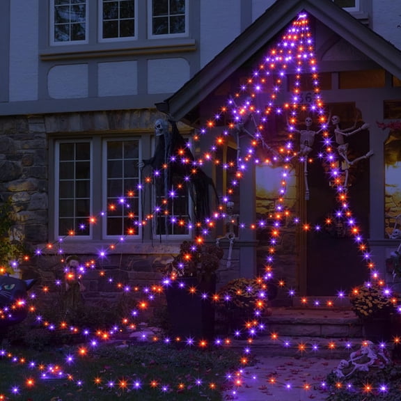 Halloween Spider Web Lights, 8-Function Waterproof Remote Battery Box 250 Purple LEDs 16.4 ft Outdoor Decoration