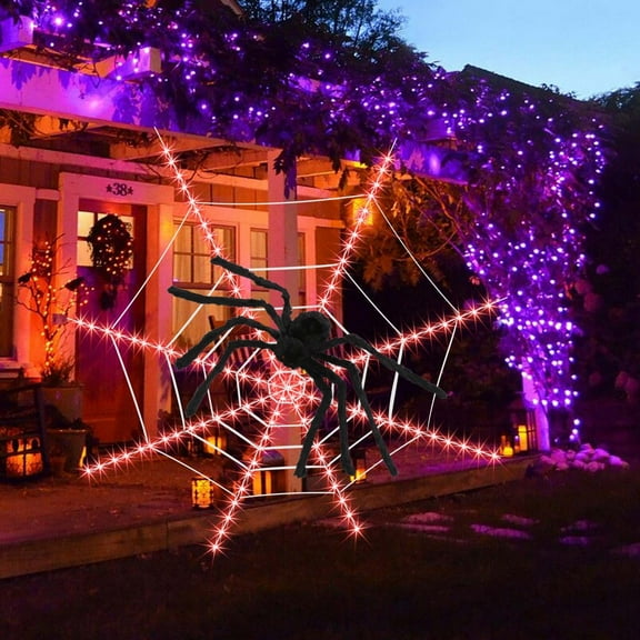 Halloween Spider Web Lights Decor Giant 12ft Decorations Outdoor Lighted Mega Spider Web with remote controller Waterproof for Halloween Outdoor Indoor Yard Party Decor Orange