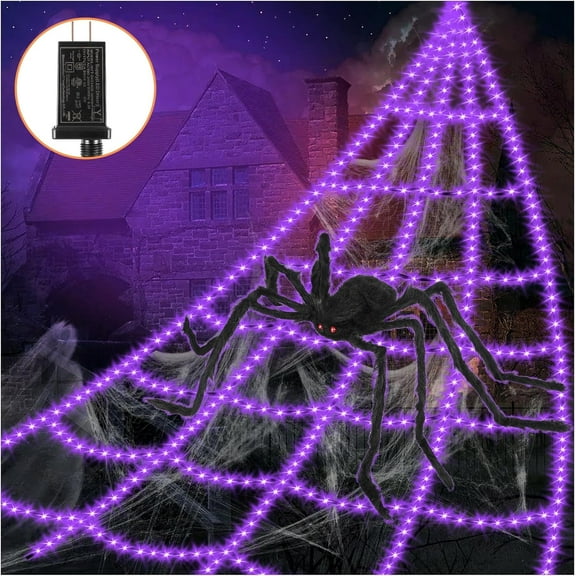 Halloween Spider Web Lights Decoration 16.4 Ft Light Up Giant Spider Web 450 LED Spider Webs Halloween Decorations Outdoor with Light Up 59" Large Spider 8 Modes Waterproof Timer for Yard House Hallo