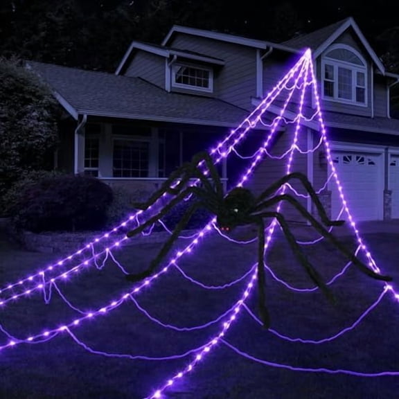 Halloween Spider Web Lights Decoration 250 LED Light up Spider Webs Halloween Decorations Outdoor with 59" Large Spider & 3.53 oz Stretch Cobweb 16.4 Ft Giant Web with 8 Modes (Purple)