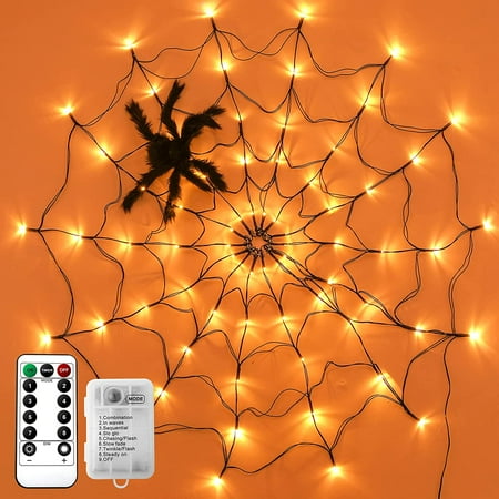 Halloween Spider Web Lights Halloween Lights Indoor with 3.3FT Spider Cobweb and Plush Spider, 70 LED Warm Lights 8 Modes String Light for Party House Indoor and Outdoor