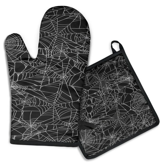 Halloween Spider Web Pattern Kitchen Oven Mitt and Pot Holder Sets 2 Pcs for Baking, Cooking and Grilling, Heat Resistant Up To 392 °F