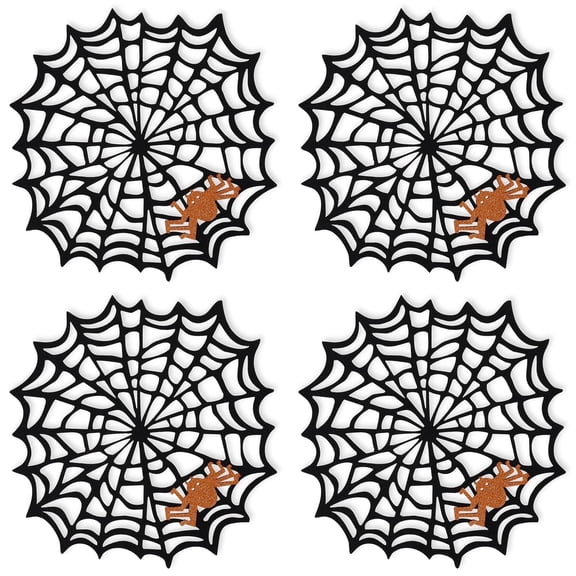 BVIEAKD Feuille Round Halloween Placemats Set of 4 13.5 Inch Black Spider Web Placemats with Orange Glitter Felt Spider Placemats Perfect for Halloween Decorations Indoor