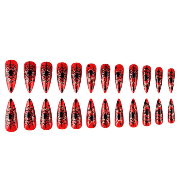 Halloween Spider Web Press On Nails Set, Medium Almond, Black and Red Gothic Fake Nails with Cobweb & 3D Spiders for Women Holiday Party Birthday Wedding Use