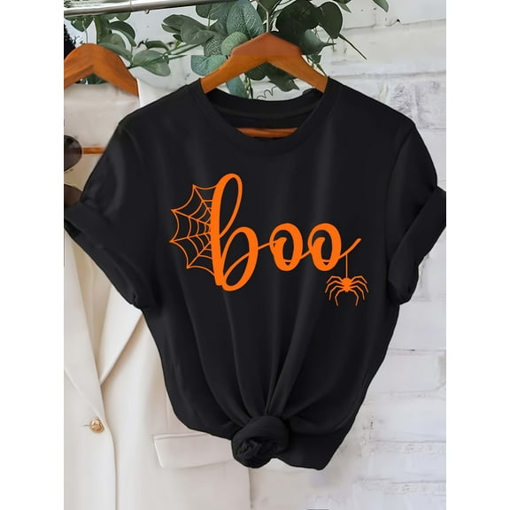 Halloween Spider Web Print T-shirt, Casual Crew Neck Short Sleeve Top, Women's Clothing