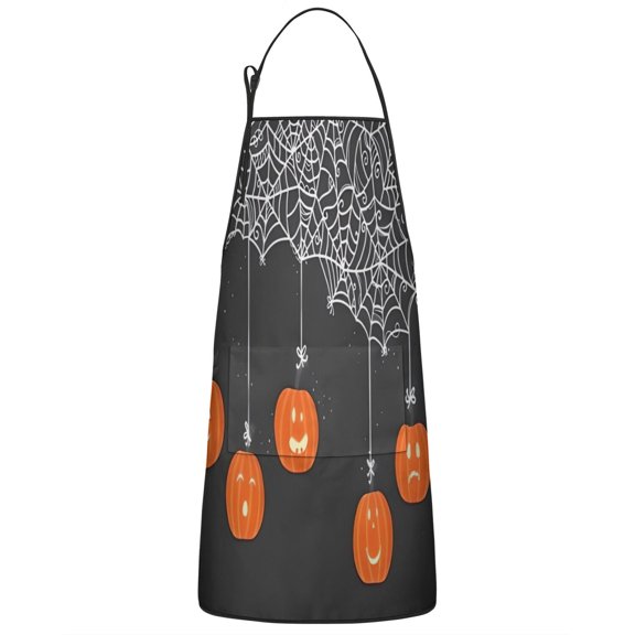 Halloween Spider Web Pumpkin Pattern Apron-Garden Aprons for Women with Pockets-Cotton Linen Waterproof Kitchen Cooking Gardening Aprons Adjustable for Kitchen,Cooking,BBQ and Salon 33"x27"