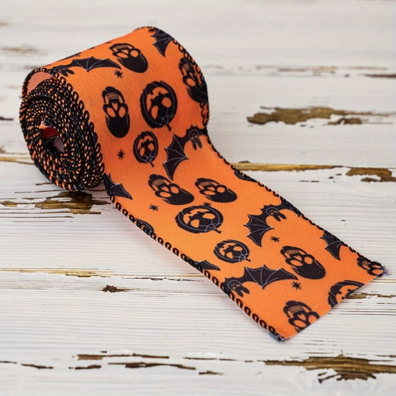Halloween Spider Web Pumpkin Wired Ribbon ,Bat Ghost Printed Grosgrain Craft Ribbon For Wreaths, Gift Wrap, Window & Yard Diy Decor