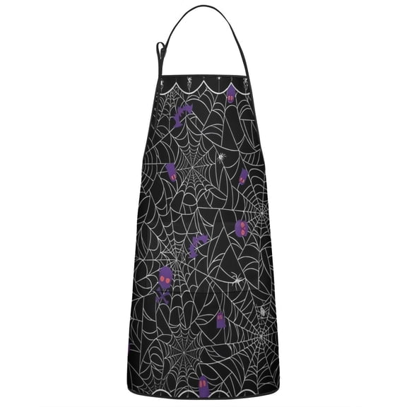 Halloween Spider Web with Purple Icons Apron-Garden Aprons for Women with Pockets-Cotton Linen Waterproof Kitchen Cooking Gardening Aprons Adjustable for Kitchen,Cooking,BBQ and Salon 33"x27"
