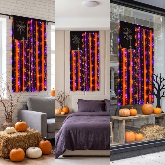 Halloween Spider Web Ribbon Door Curtain with Lights, Distressed Fabric Strip Garland with Pre-Installed Warm Orange Purple LED, Ghost Pumpkin Hanging Decoration for Porch Wall Bar Party Decor Gift