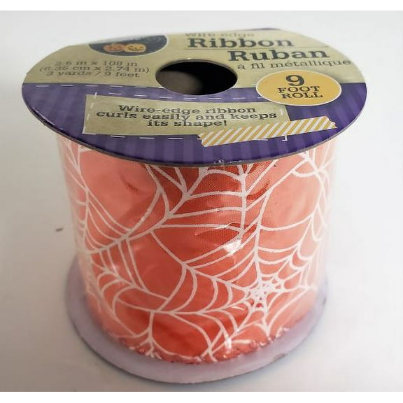 Halloween Spider Web Ribbon Orange/White Wire-edged 2.5" x 9'