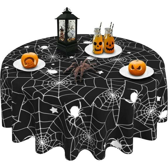 Halloween Spider Web Round Tablecloth 60 Inch Stars Tablecover Anti-Wrinkle Waterproof Wipeable Table Cloth for Kitchen/Home Decoration