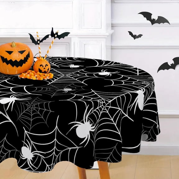 Halloween Spider Web Round Tablecloth 70 x 70 Inches, Black White Horror Cobweb Decorative Dining Table Cloth, Scary Dinner Tablecover Picnic Party Decoration