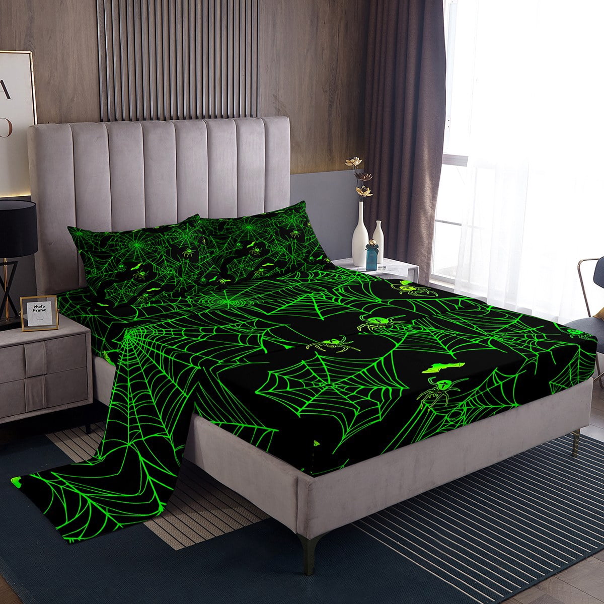 Halloween Spider Web Sheet Set Green Bright Webs Full Sheets Teens ...