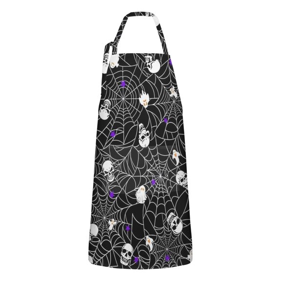 Halloween Spider Web and Skulls Apron-Garden Aprons for Women with Pockets-Cotton Linen Waterproof Kitchen Cooking Gardening Aprons Adjustable for Kitchen,Cooking,BBQ and Salon 32"x27"