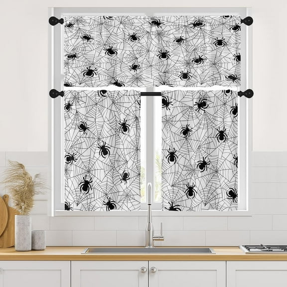 Halloween Spider Web Spooky Kitchen Curtains with Valance and Tier Sets 36 Inch, 3 Pieces Bohemian Rod Pocket Drapes Window Treatment Curtains for Kitchen Over Sink Dining Room Decor