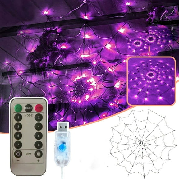 Halloween Spider Web String Lights, 4FT Diameter 70 LEDs with Black Spider, Waterproof Net Lights, Remote Control, 8 Modes Cobweb Halloween Decorations for House Garden Indoor Outdoor