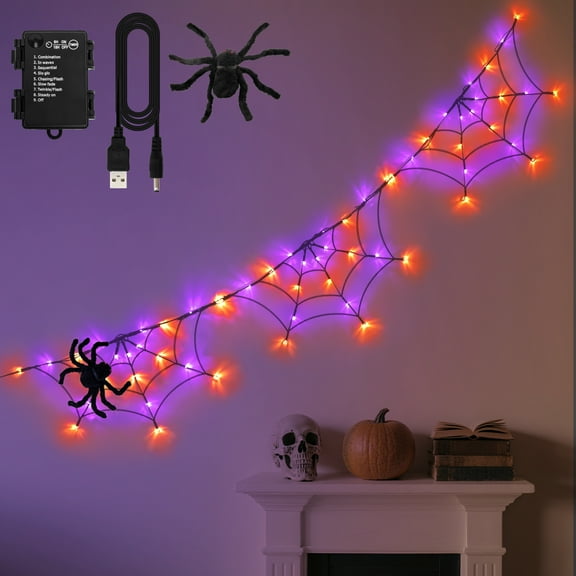 Halloween Spider Web String Lights,6FT 60LED halloween lights indoor with Black Spider with Timer 8 Modes,IP65 Battery Operated/USB Powered Waterproof Net Lights halloween decorations(Orange&Purple)