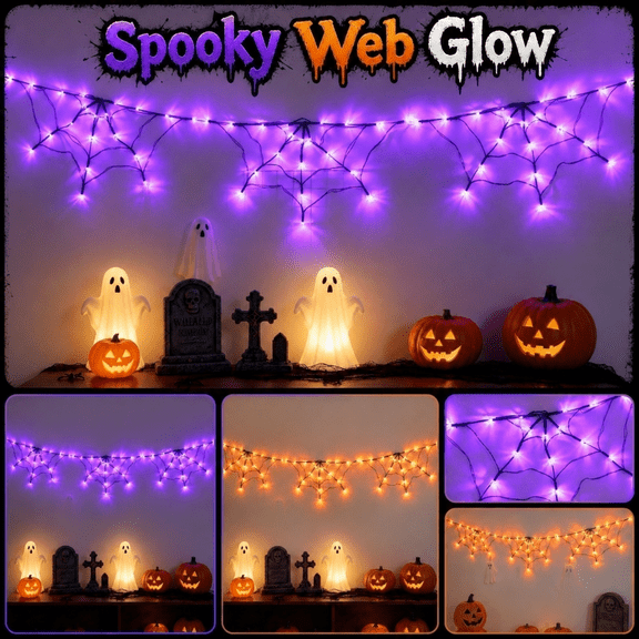 Halloween Spider Web String Lights, 6Ft Purple LED Fairy Lights, Spiderweb Curtain Fairy String Lights for Halloween Decorations Fireplace Proch Window Garden