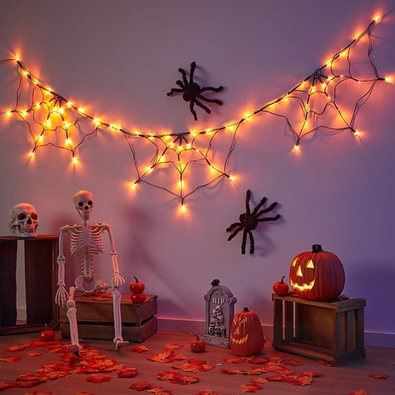 Halloween Spider Web String Lights with Black Spider, Orange LED Fairy Lights, Battery Operated Lighted Cobweb Garland for Wall Window Mantel Halloween Party Haunted House Decor