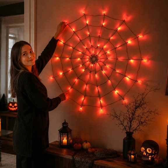 Halloween Spider Web String Lights, LED Giant Spider Web Window Hanging Net Lights, Waterproof Wall Door Porch Spooky Atmosphere Light for Fall Holiday Party