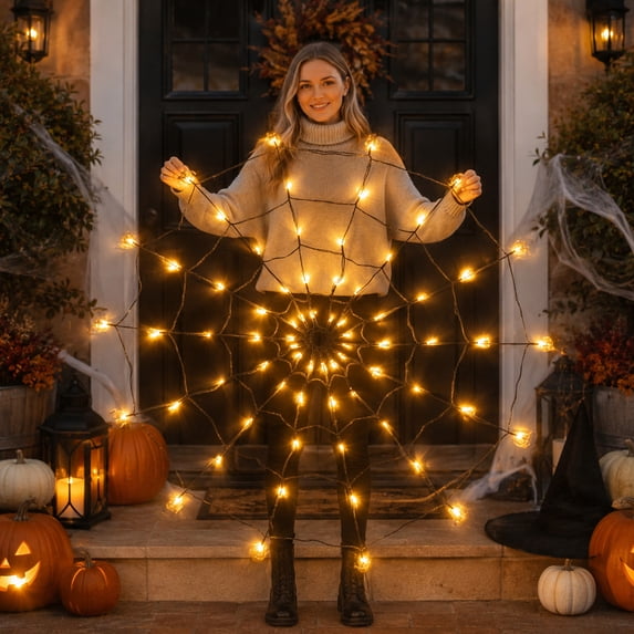 Halloween Spider Web String Lights, Yellow LED Glowing, 1 Pack 51.2 Inch Diameter, Halloween Holiday Decorative Lighting for Haunted House Party Patio Yard Indoor Outdoor Decor