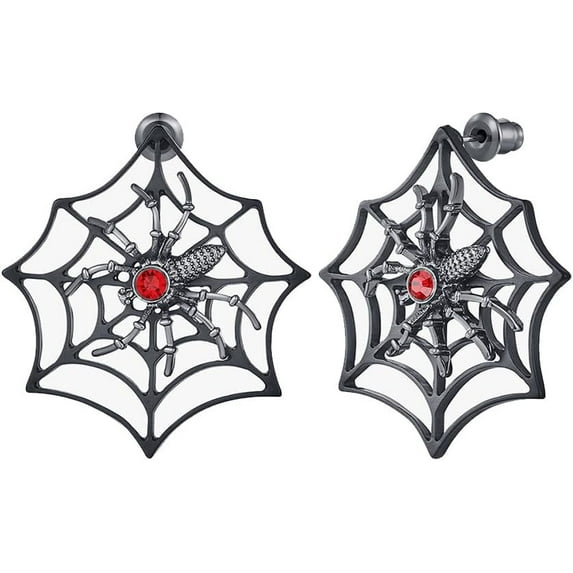 Halloween Spider Web Stud Earrings with Red Crystal Black Spider Dangle Drop Statement Earrings Gothic Halloween Costume Jewelry for Women
