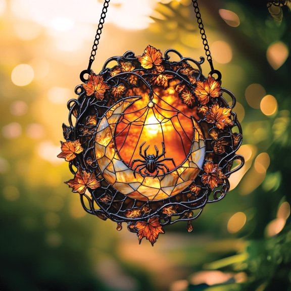 Halloween Spider Web Suncatcher, Acrylic Window Hanging with Crescent Moon and Maple Leaves, Autumn Gothic Decor for Spooky Homes