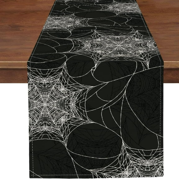 Halloween Spider Web Table Runner Fall Grey Burlap Table Runners Rustic Kitchen Dinning Decor for Holiday Home Party Indoor Outdoor 13x48 Inch