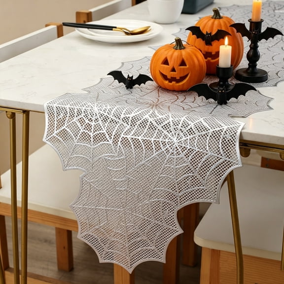 Halloween Spider Web Table Runner, Waterproof Heat Resistant Fabric, Hollow Festival Design, Easy to Clean & Reusable, for Kitchen Dining Table, Indoor Party and Tabletop Decoration