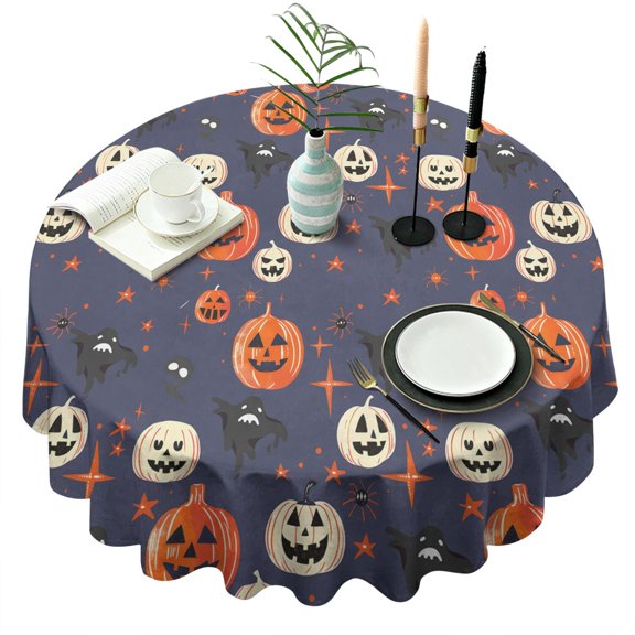Halloween Spider Web Tablecloth 60 Inch Round - Waterproof Machine Washable Cobweb Gothic Horror Design