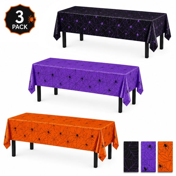 Halloween Tablecloths Disposable Plastic Rectangle Spider Web Table Covers for Halloween Party Decorations 54 x 108 in Purple, Black & Orange 3-Pack