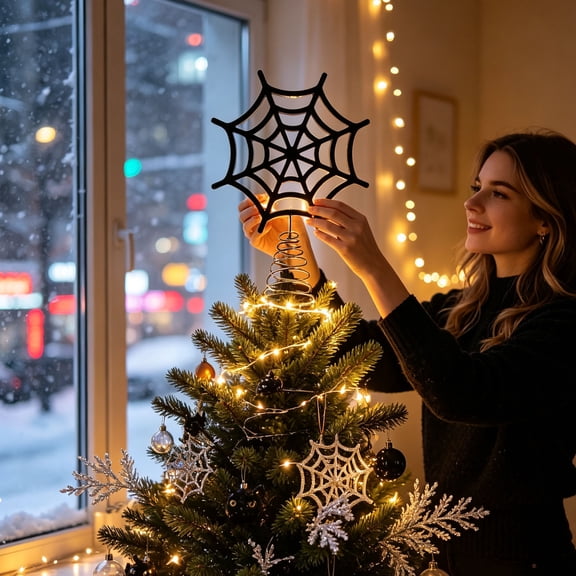 Halloween Spider Web Tree Topper,Black Iron Spiderweb Tree Top Ornament with Spring Base,Gothic Holiday Decor for Small Christmas Tree Home Ornament