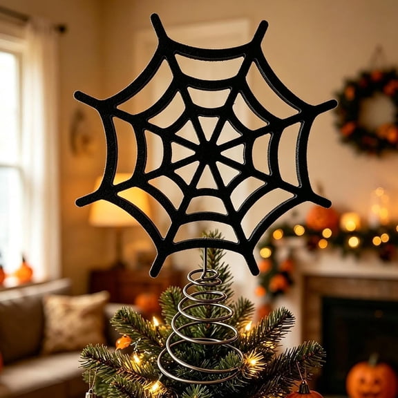 Halloween Spider Web Tree Topper Black Metal and PVC Hollow Web Decor with Stable Spring Base Festive Party Tree Home Display 11.8-Inch Black