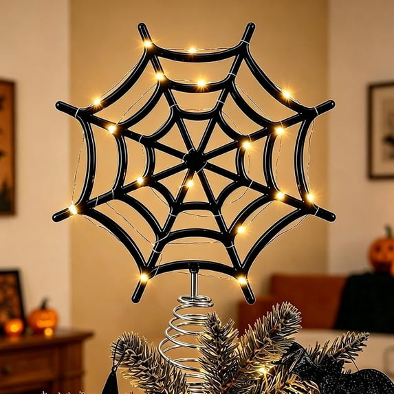 Halloween Spider Web Tree Topper Black Metal and PVC Hollow Web Decor with Stable Spring Base Festive Party Tree Home Display 11.8-Inch Black